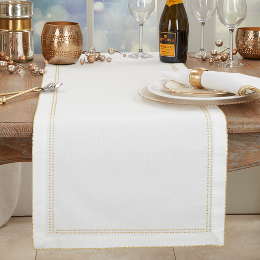 1187 - Gold Embroidered Border Cotton 16"x72" White Table Runner