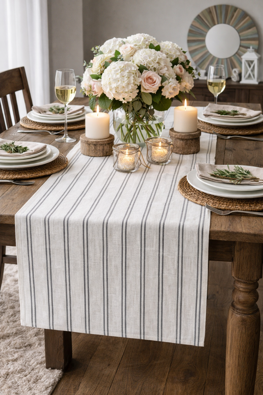 Grey Striped Linen-Poly Table Runner