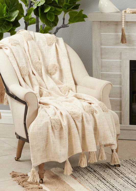 TH614 - Boho Tufted Dot 50x60 Inch Cotton Throw Blanket with Tassel