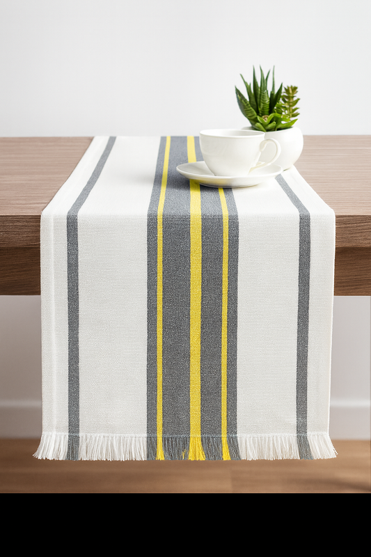 TBL0035 - Green & Yellow  Stripe Fringed Cotton Table Runner