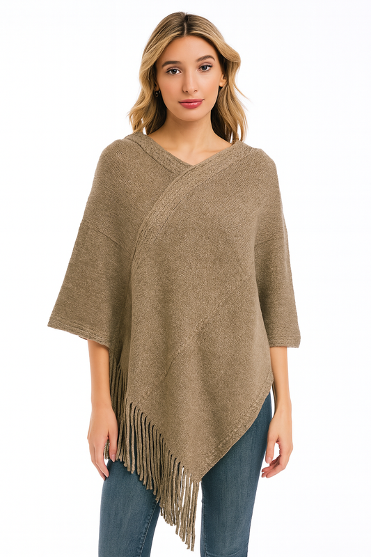 Taupe Brushed Knit Sweater Poncho with Fringe