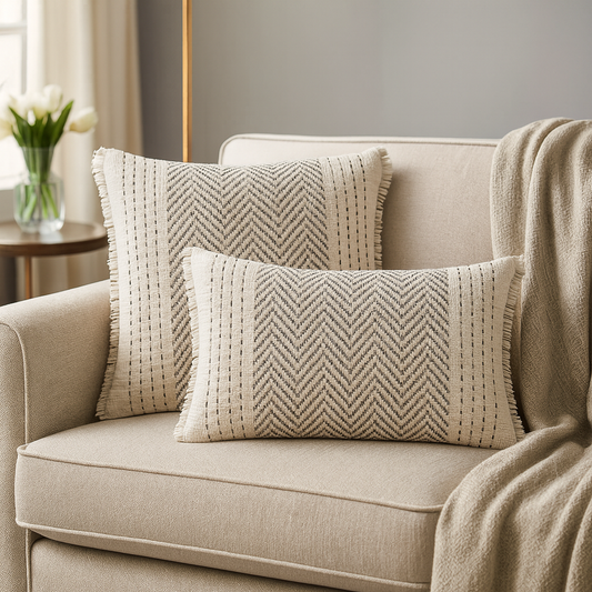 1229 - Grey Kantha Stitch Cotton Decorative Throw Pillow