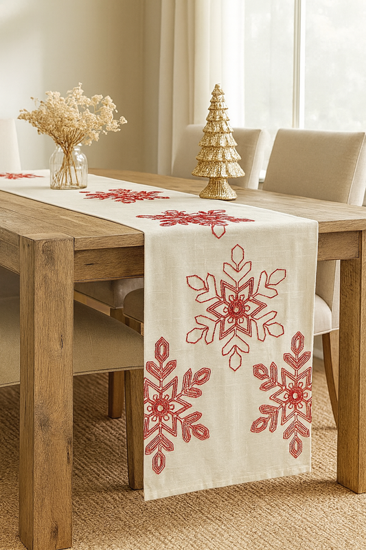 70197 - Embroidered Red Snowflake Natural Table Runner