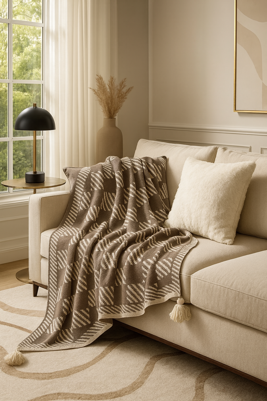 TH0029 - Khaki-Ivory Check Striped 50"x60" Throw Blanket