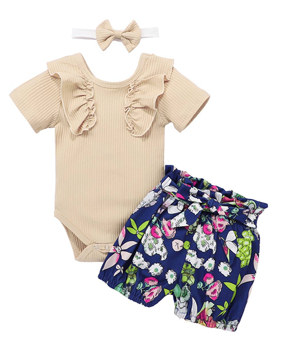 Ivory Ruffle Baby Romper, Floral Shorts & Headband 3pcs
