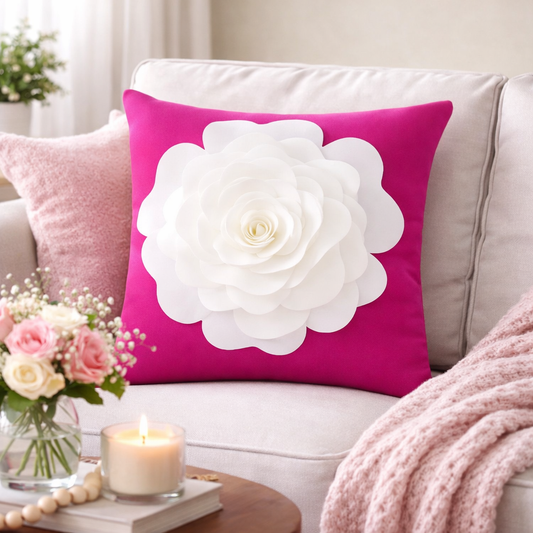 Magenta 3D White Rose Flower 17" Throw Pillow