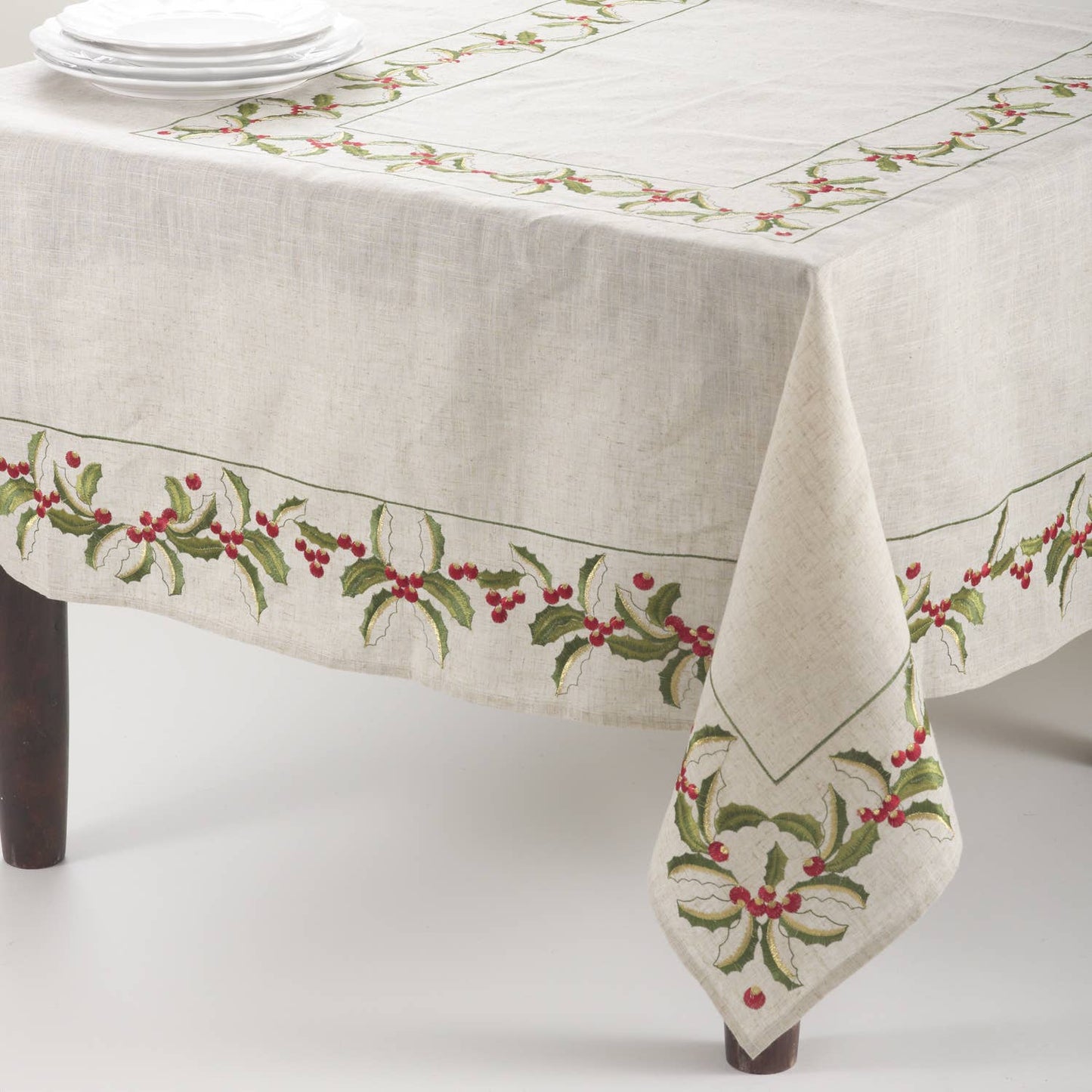 Natural Embroidered Holly Design 67"x67" Tablecloth