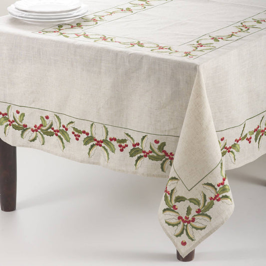 Natural Embroidered Holly Design 67"x67" Tablecloth