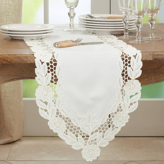 1140 - Floral Embroidered 16"x68" Ivory Table Runner