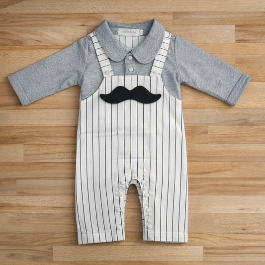 White-Grey Mustache Striped Baby Romper