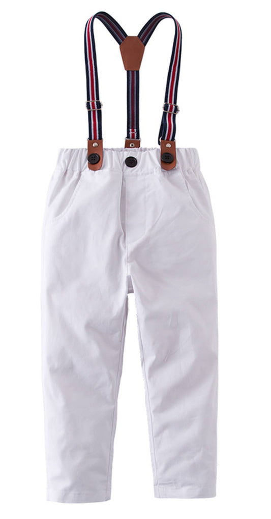 White Classic Boy Cotton Chino Long Pants with Suspenders