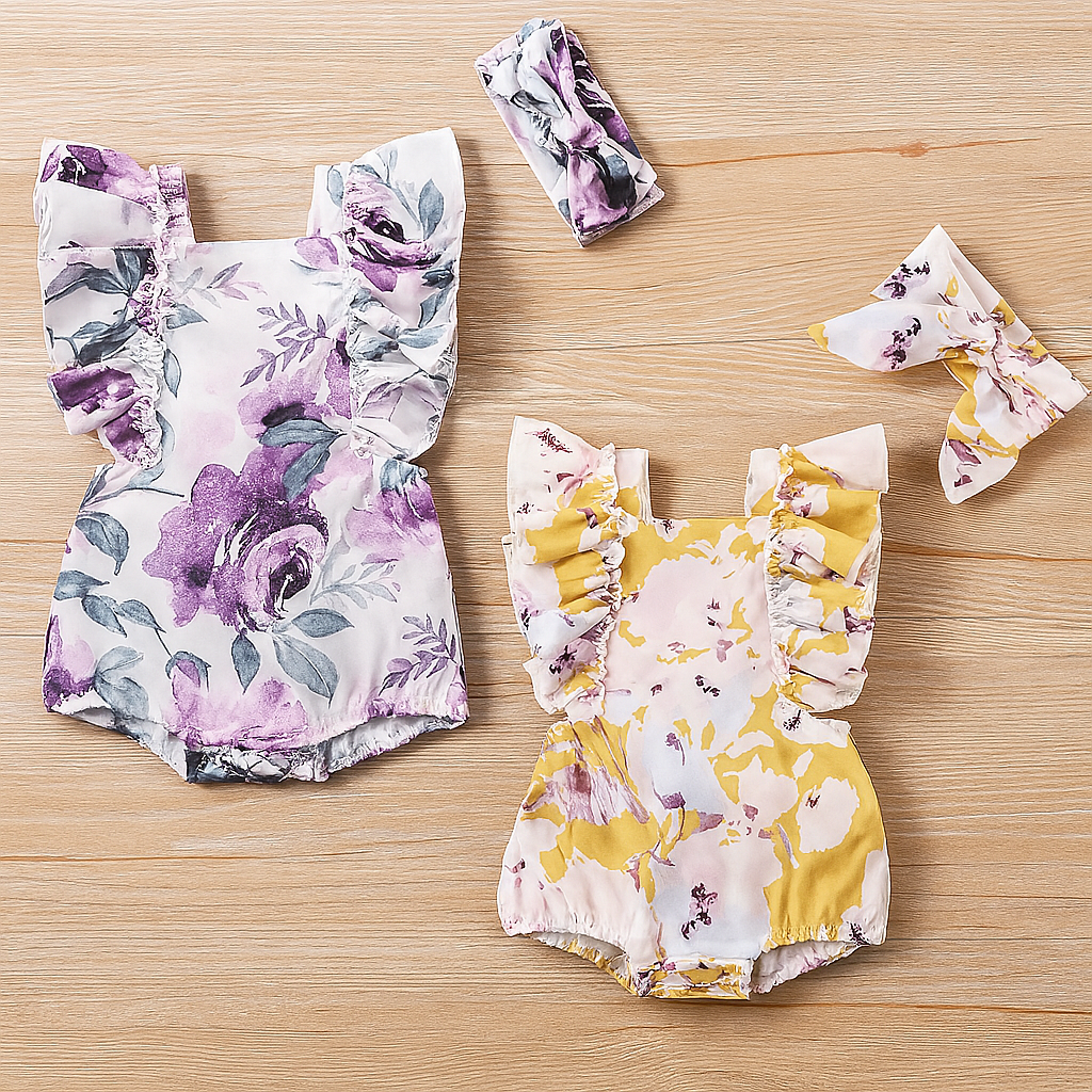 Floral Ruffle Sleeve Open Back Baby Romper & Headband