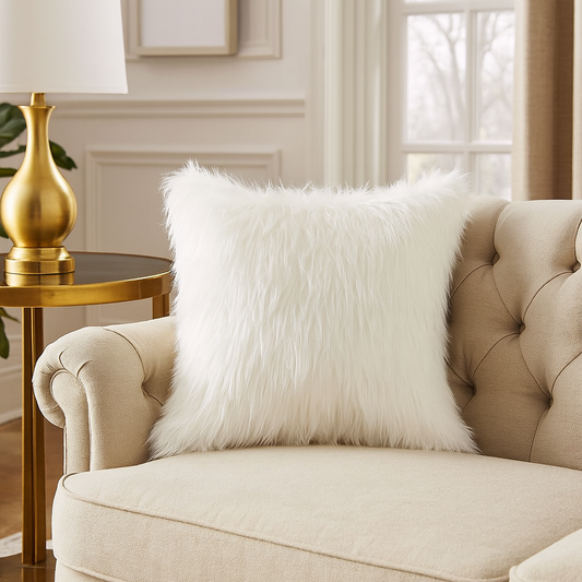 TBL0005 - White Faux Fur Silver Lurex Thread 17" Throw Pillow