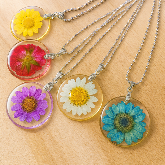 Pressed Natural Daisy Resin Pendant Silver Necklace