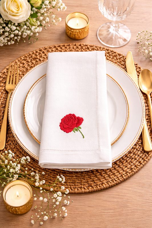 Embroidered Red Rose Hemstitch White 20" Dinner Napkin