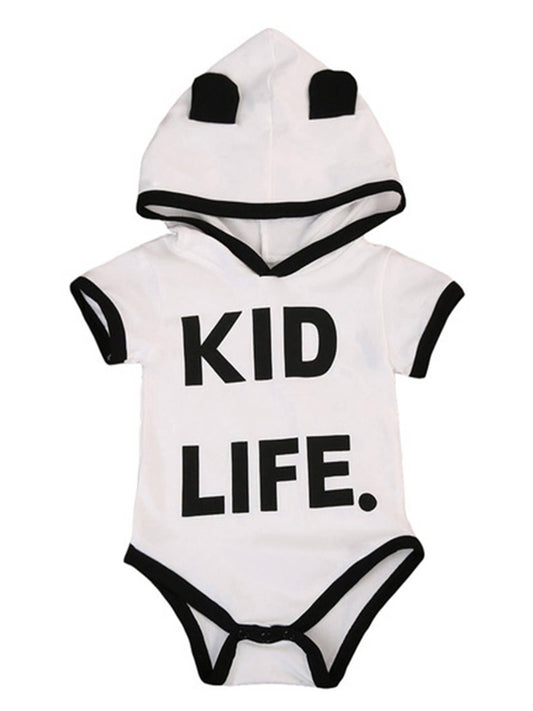 KID LIFE. White-Black Baby Hooded Romper