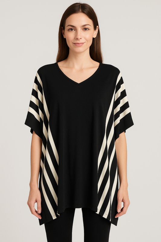 Black White Striped Knit Sweater Poncho