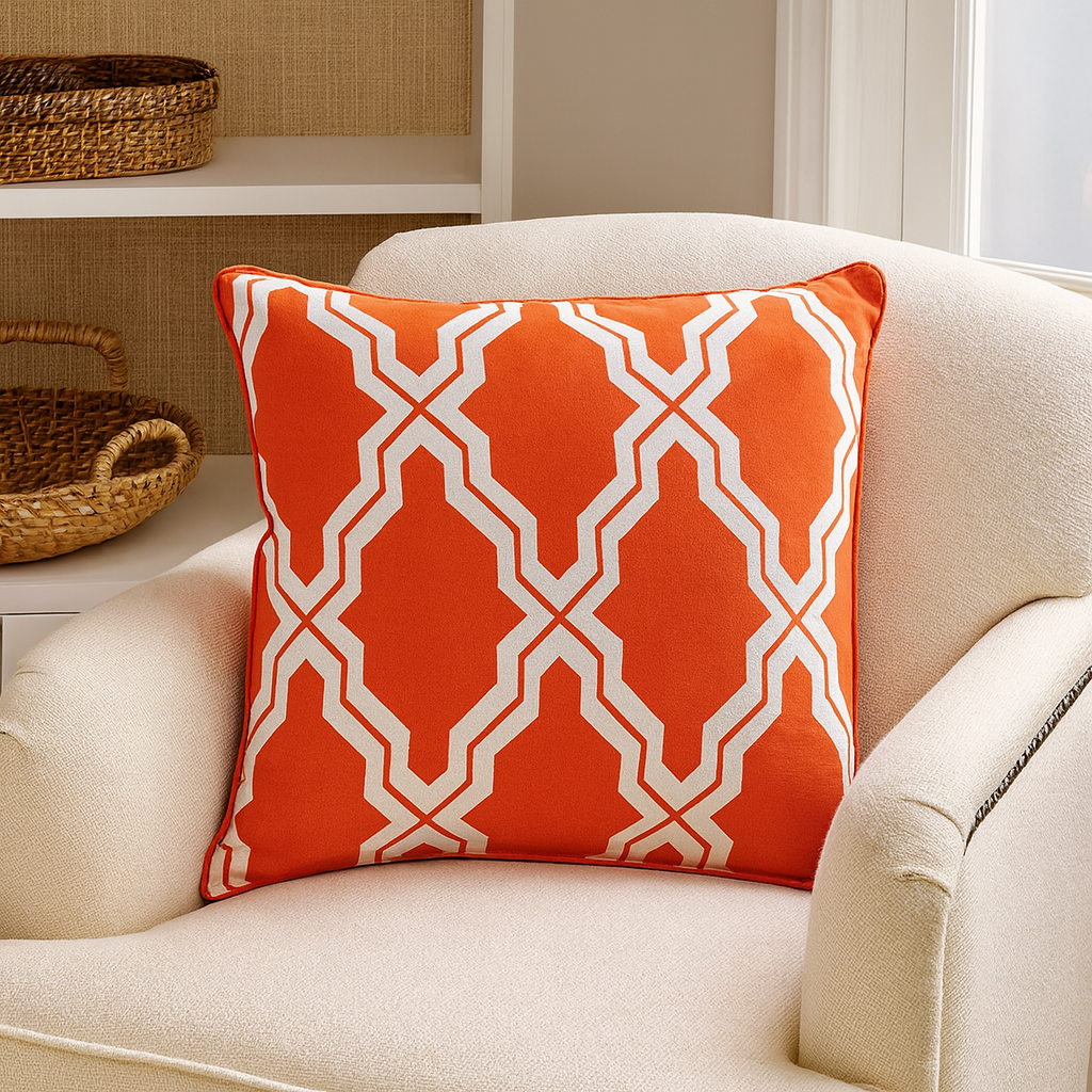 814 - White-Tangerine Moroccan Down Filled Cotton 18" Throw Pillow
