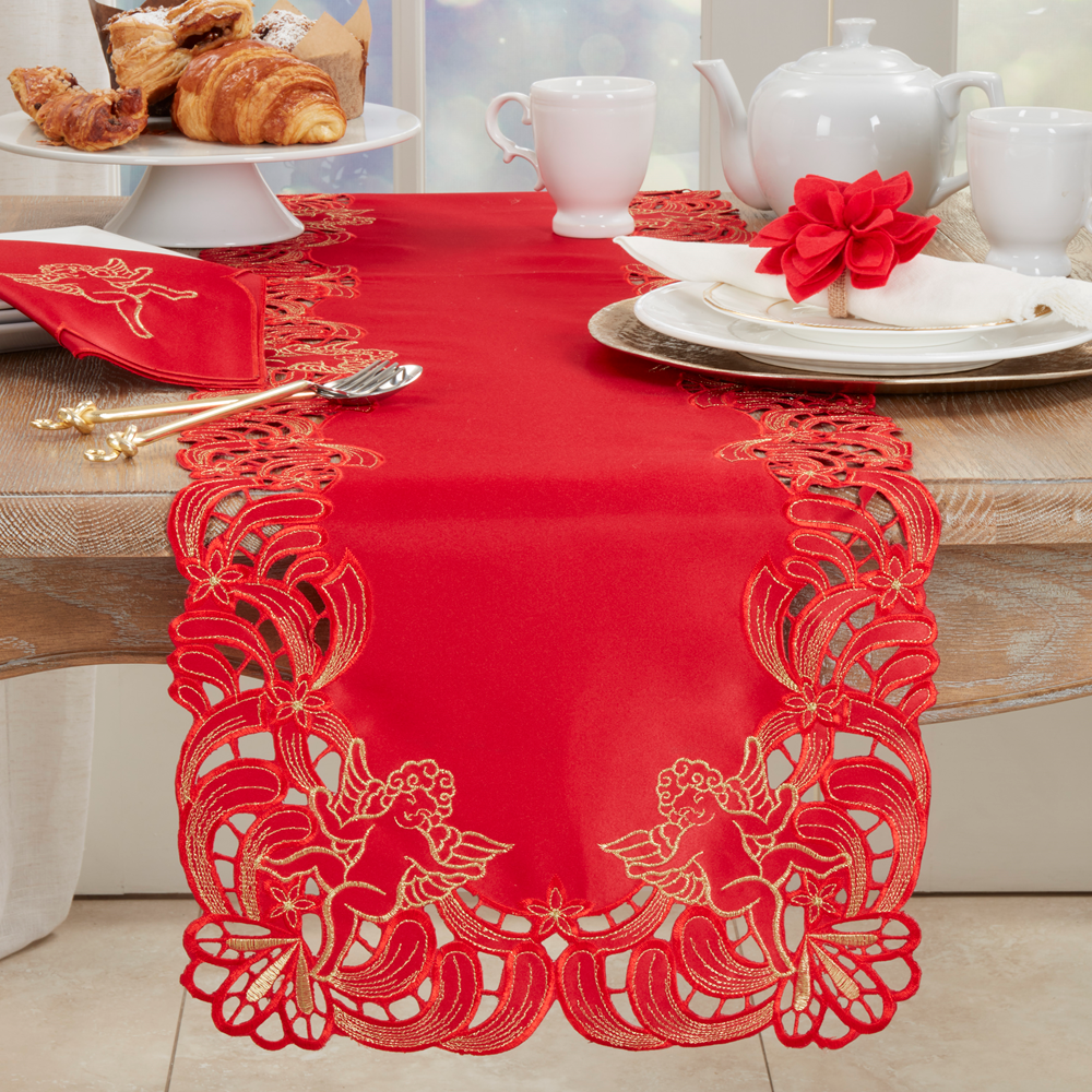 412 - Red Embroidered Cupid 16"x72" Table Runner
