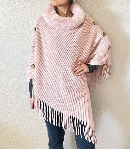 Pink Fur Collar Ribbed Knit Poncho with Fringe