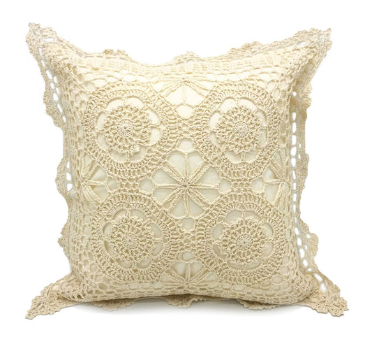 Beige Handmade Medallion Cotton 17" Decorative Throw Pillow