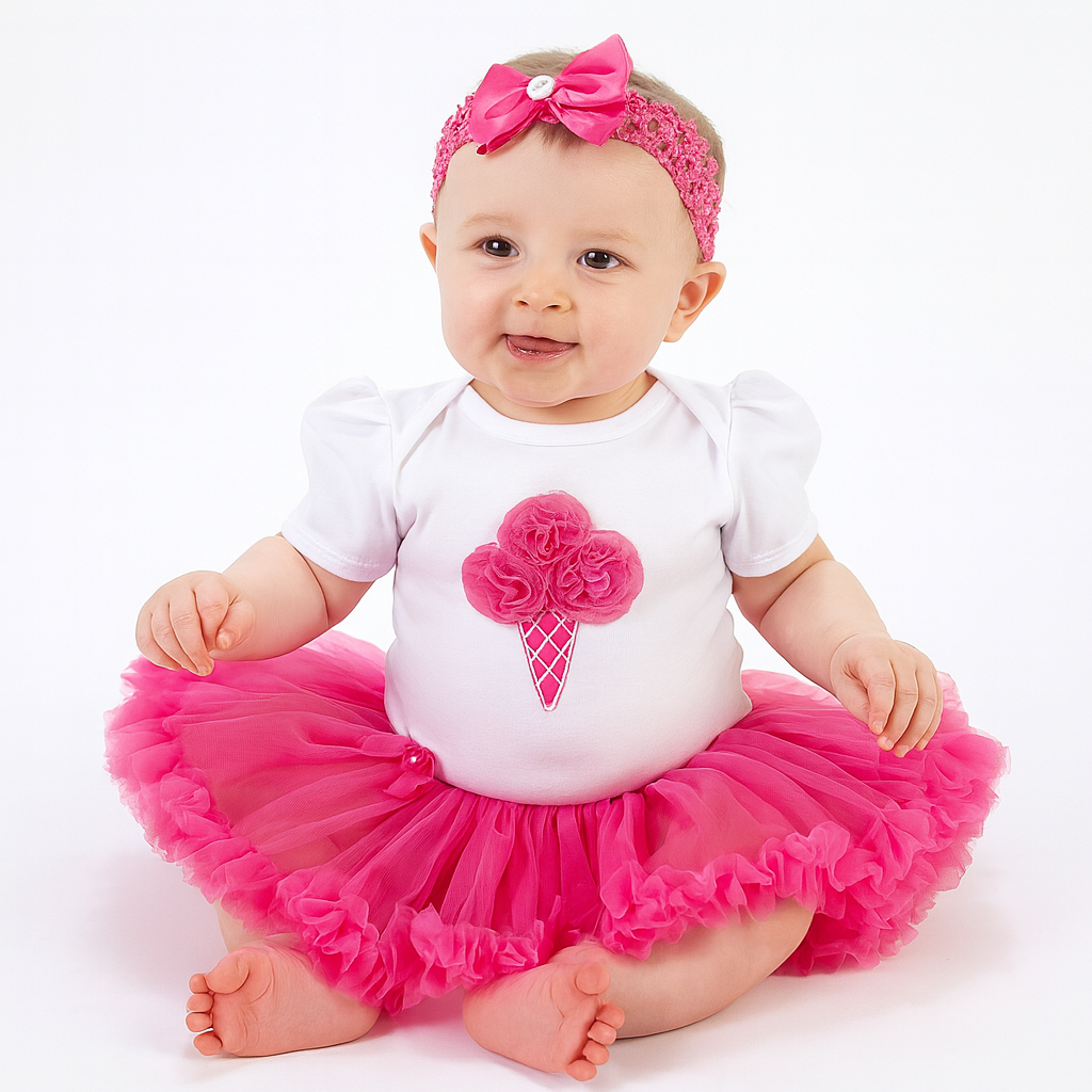 Fuchsia-White Flower Cone Romper Tutu Dress & Headband