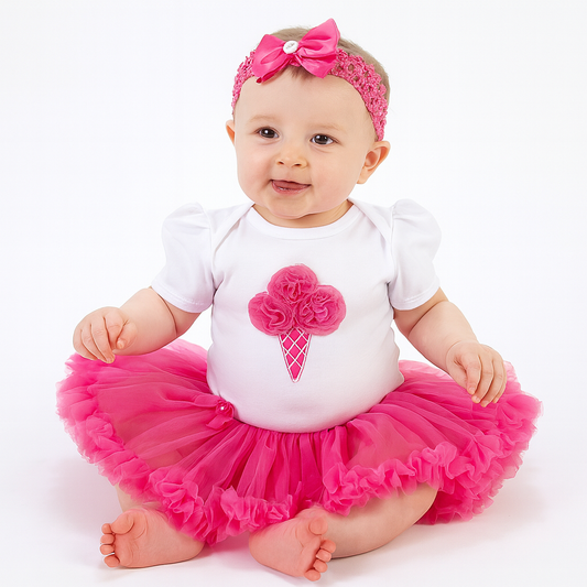 Fuchsia-White Flower Cone Romper Tutu Dress & Headband
