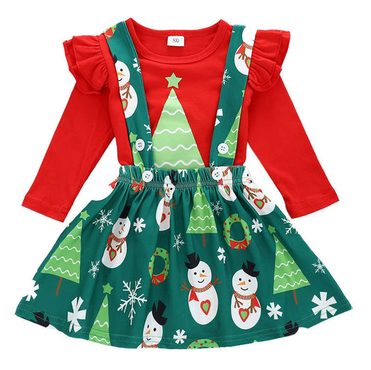 Christmas Tree Baby Girl Blouse and Suspender Skirt