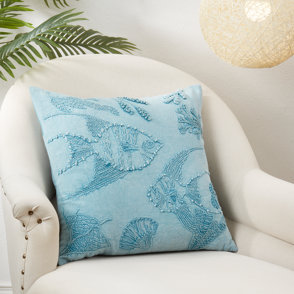 6480 - Stonewashed Embroidered Fish Blue Cotton 20" Throw Pillow