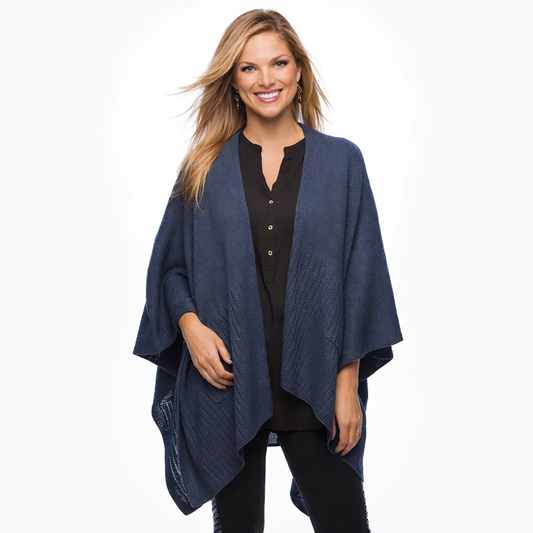 Indigo Knit Poncho Wrap Cape with Pockets