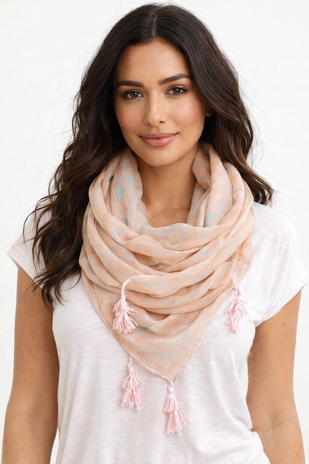 Peach Ethnic Style Tasseled Square Scarf