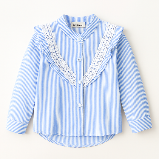 Blue Striped & Ruffled Cotton Girl Blouse