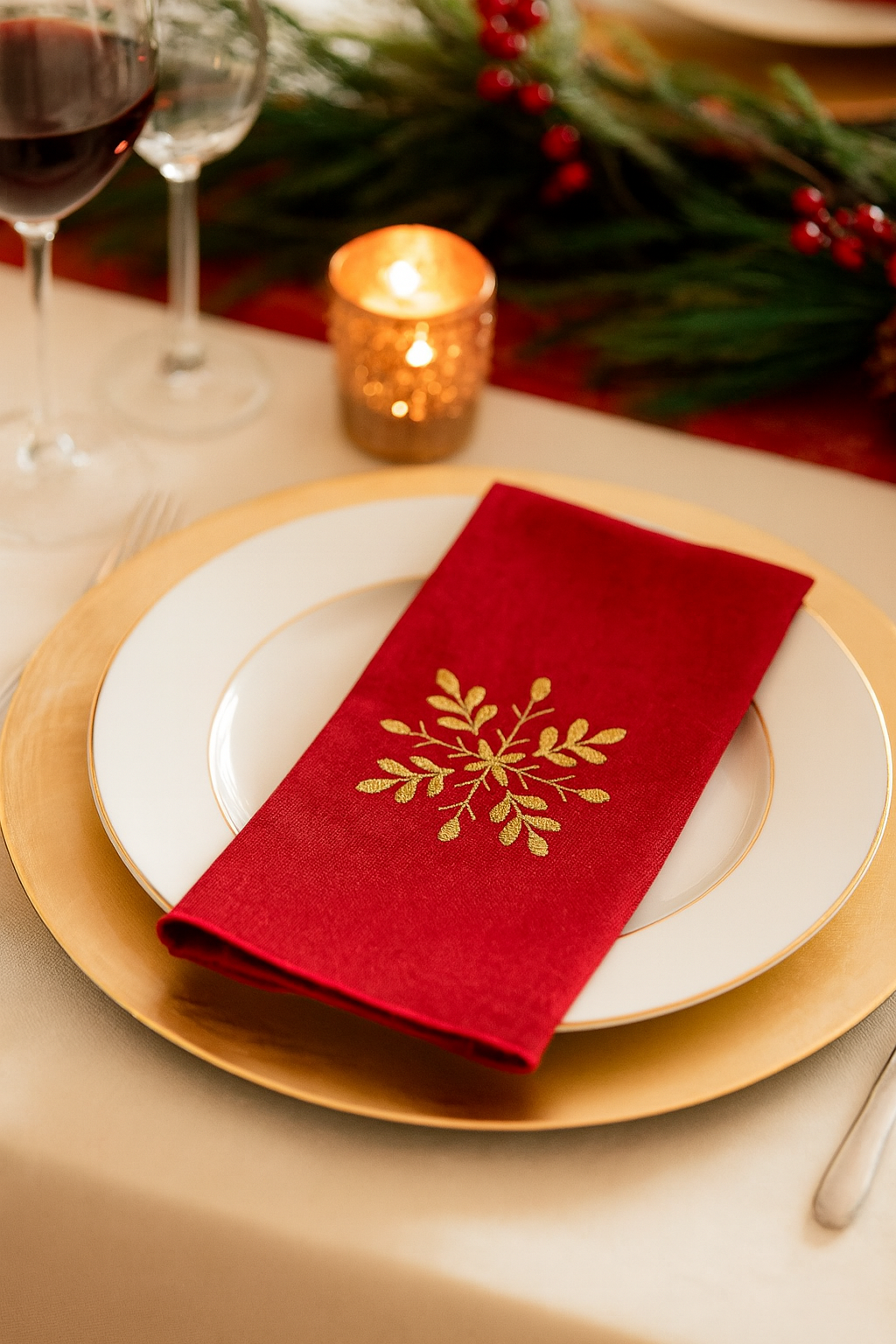116 - Red Embroidered Snowflake Holiday 20" Dinner Napkin