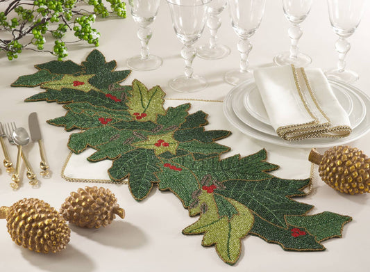 2027 - Green Beaded Holly Design 12x36 Table Runner