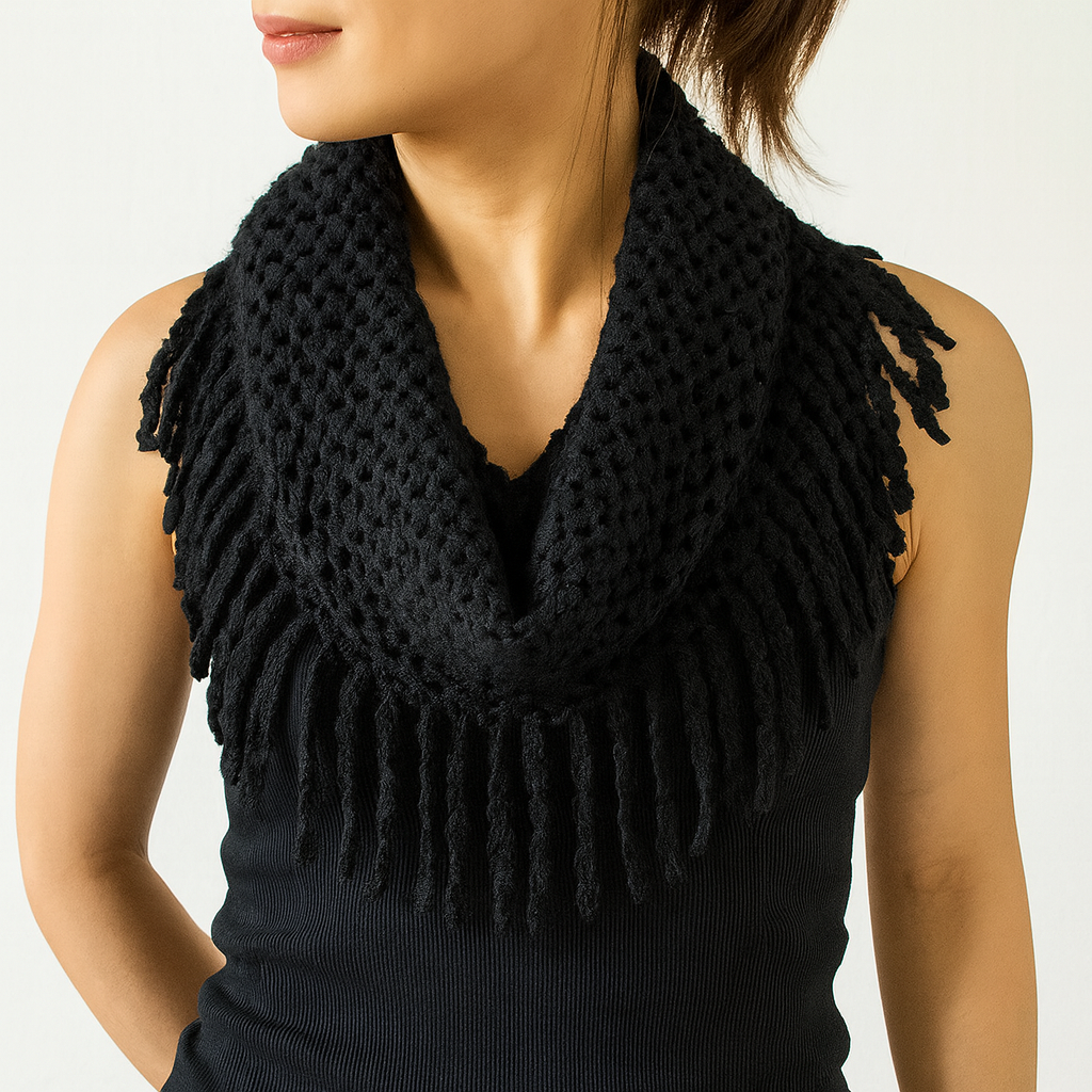 Black Tube-Style Scarf with Fringe