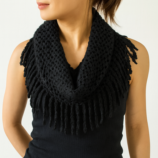 Black Tube-Style Scarf with Fringe