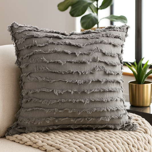 TBL0042 - Grey Modern Fringed Stripe Cotton 17" Throw Pillow