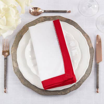 6411 - Red Border Hemstitch White 20" Dinner Napkin