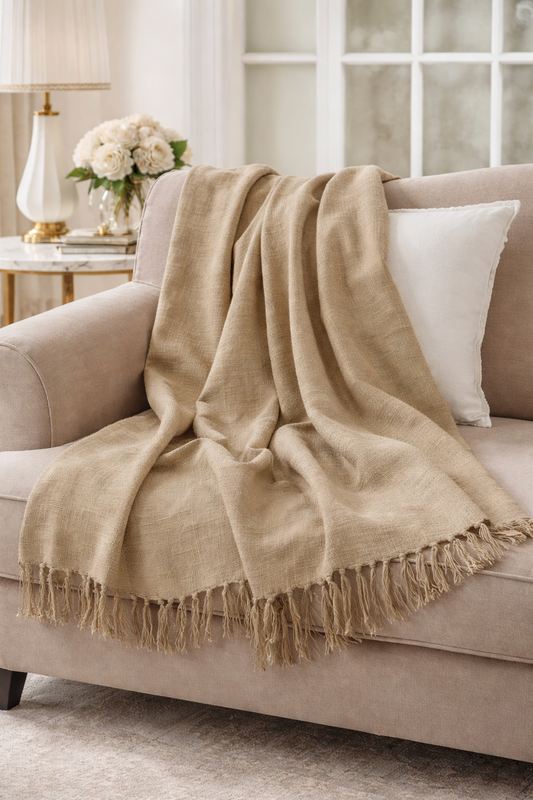 Tasseled Pure Cotton Natural 50"x60" Throw Blanket