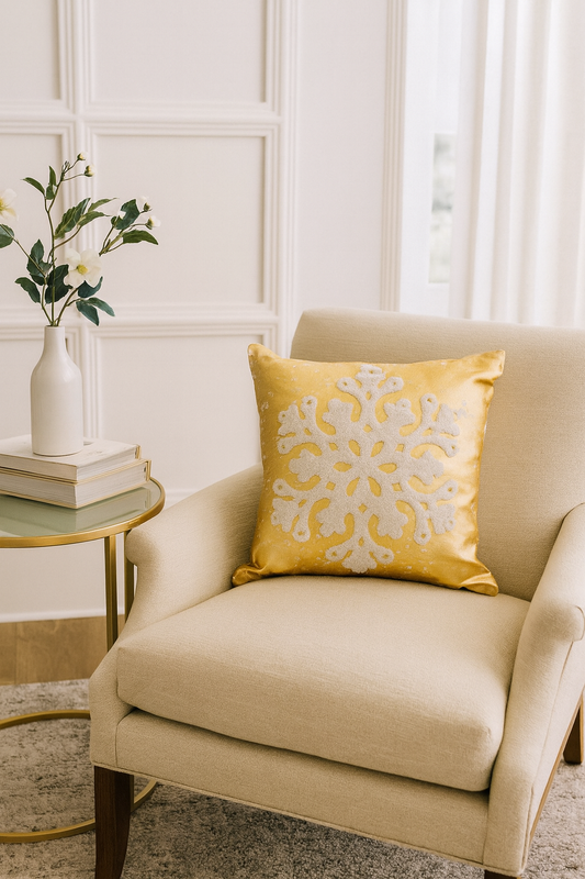 9383 - Metallic Gold White Snowflake Filled 12" Throw Pillow