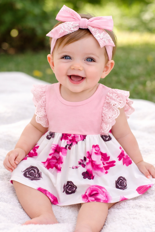 Pink Lace Cap Sleeve Flower Baby Girl Dress