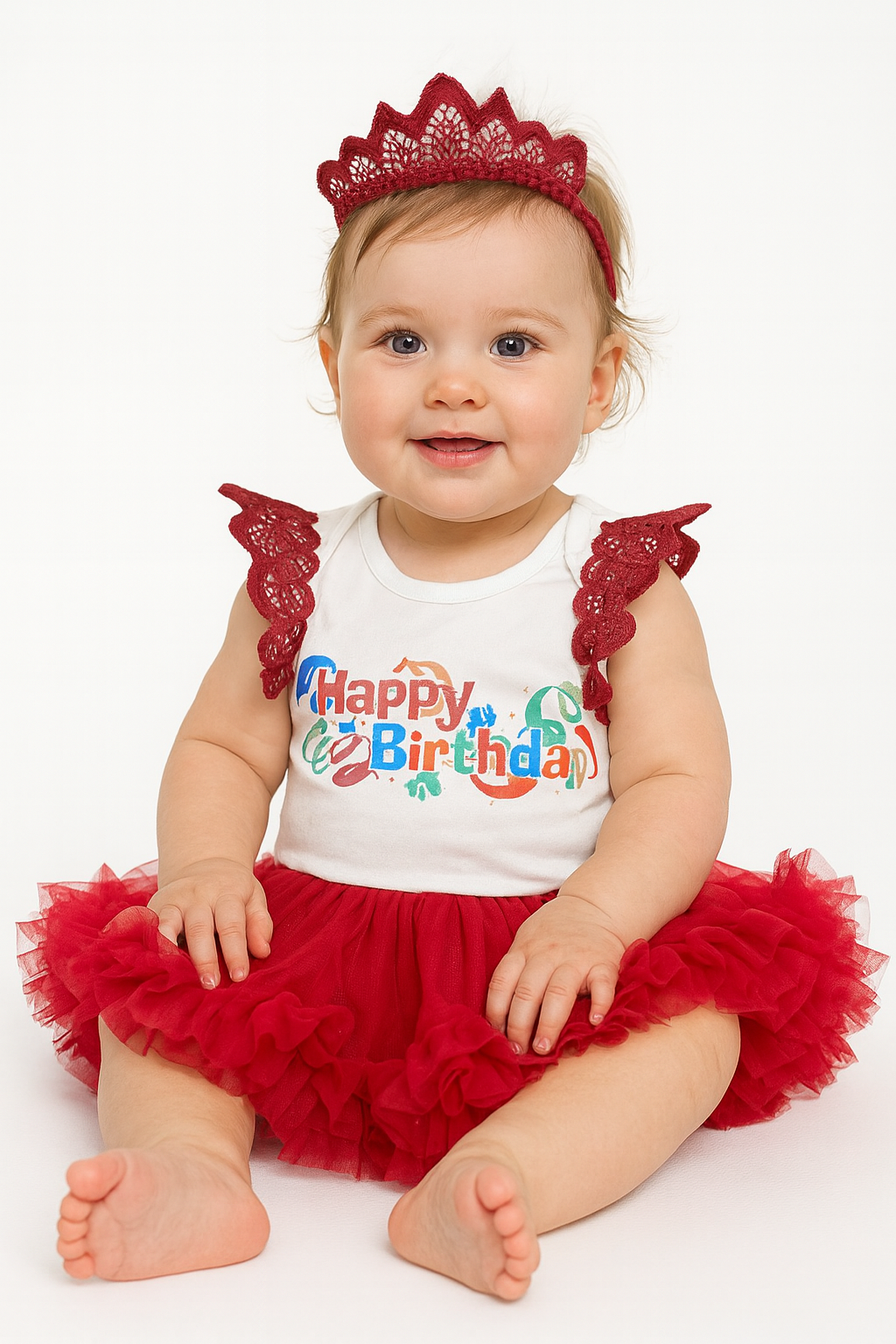 Happy Birthday Red Lace Romper Tutu Dress & Headband