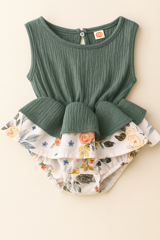 Green Floral Ruffled Baby Romper