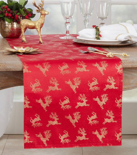 8789 - Gold Reindeer Print Red 16x72 Table Runner