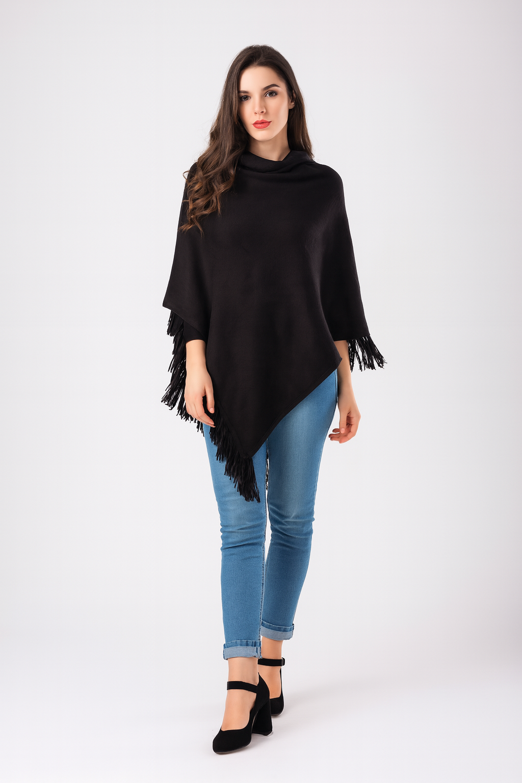 Black Knitted Turtleneck Pullover Fringe Poncho Sweater