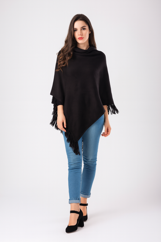Black Knitted Turtleneck Pullover Fringe Poncho Sweater
