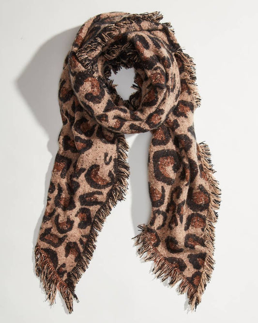 Leopard Bias-Cut Fringed Taupe Wrap Scarf