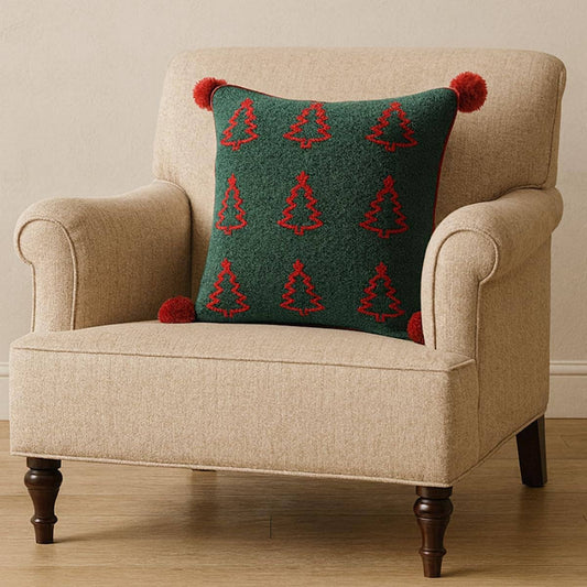 PLW0179 - Green and Ren Embroidered Tree Pom Pom 18" Throw Pillow