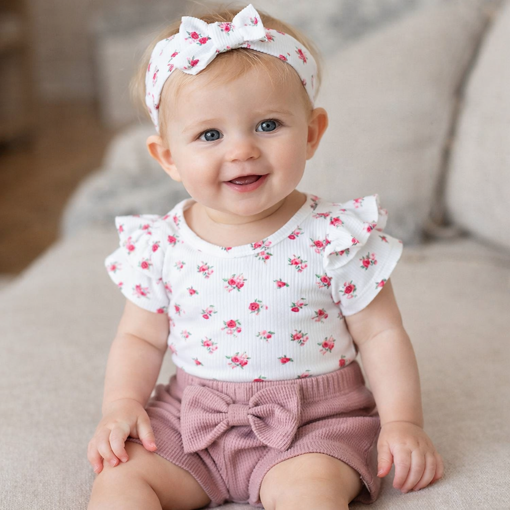 Pink Floral Print 3pcs Baby Girl Outfit