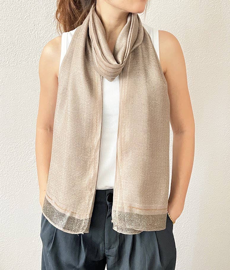 Beige Shimmering Striped Silk Blend Wrap Scarf